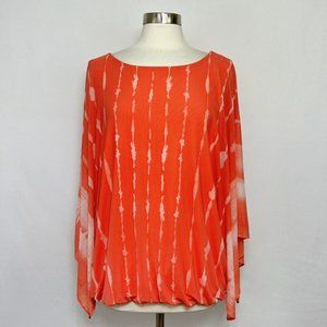 JM Collection 4X Tunic Top Orange White Geometric Dolman Sheer Sleeve #L
